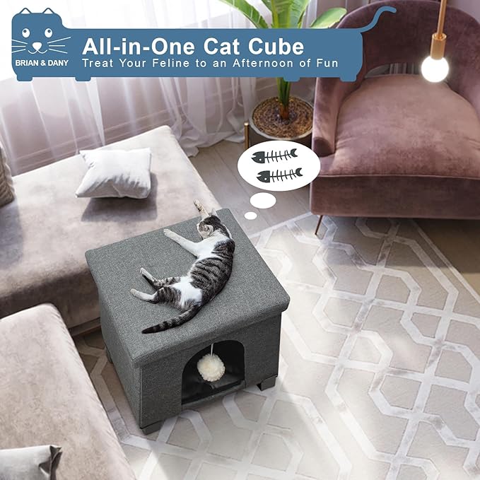 BRIAN & DANY Foldable Cat House for Indoor Cats, Large Cat Cube for Pet Cave with Scratch Board & Ball, 17.7 x 14.8 x 15 inches, Gray (Large)