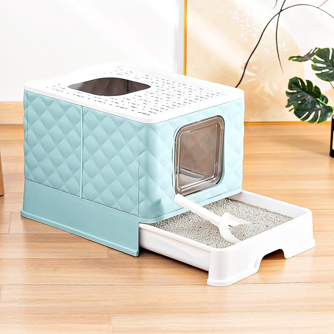 Gagee Foldable Cat Litter Box, Extra Large Front Entry Top Exit Box with Lid, Drawer Type Enclosed Kitty Scoop, Anti-Splashing Toilet Easy Cleaning,Blue