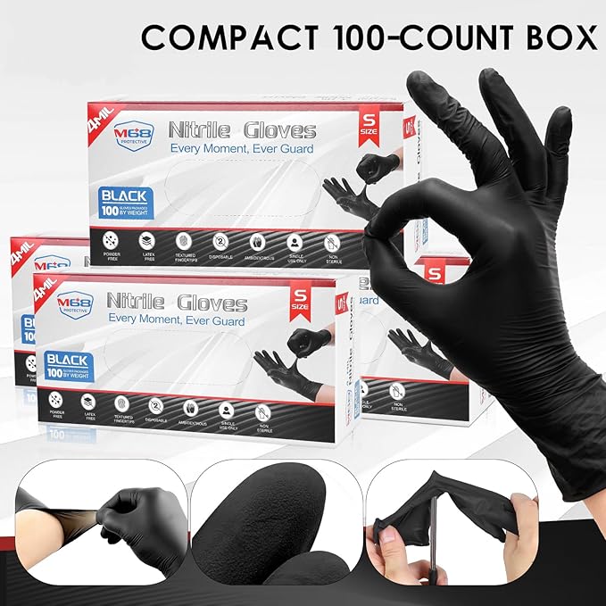 M68 Black Nitrile Gloves - 4 MIL Thick, Latex & Powder Free, Textured Fingertips, Chemical-Resistant, Disposable, Non-Sterile