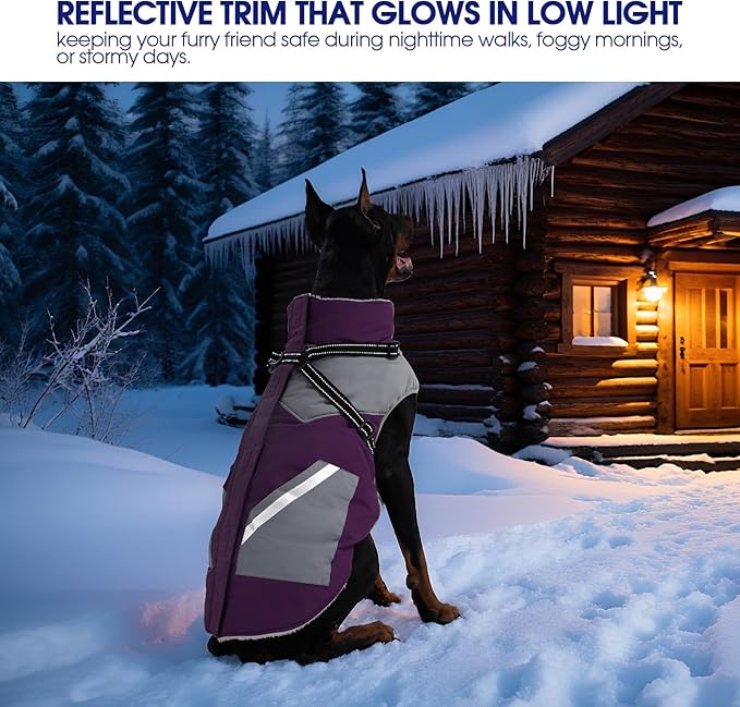 FUAMEY Dog Winter Jackets for Large Dogs,Dog Coat with Harness Built in,Waterproof Dogs Snowsuits Warm Pet Jacket Zip Up Fleece Cold Weather Coats Reflective Puppy Vest with Pocket Purple L