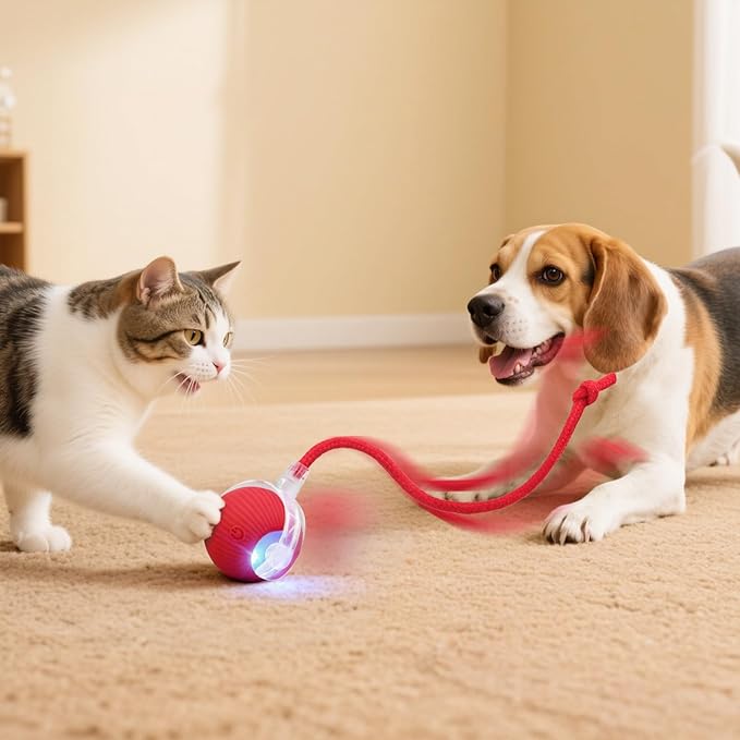 Interactive Electric Automatic Rolling Moving USB Rechargeable Self Activated Play Stimulation Toy Smart Chase Teaser Ball with Rope for Bored Adult Indoor Kitten Cat and Puppy Dog, Pink