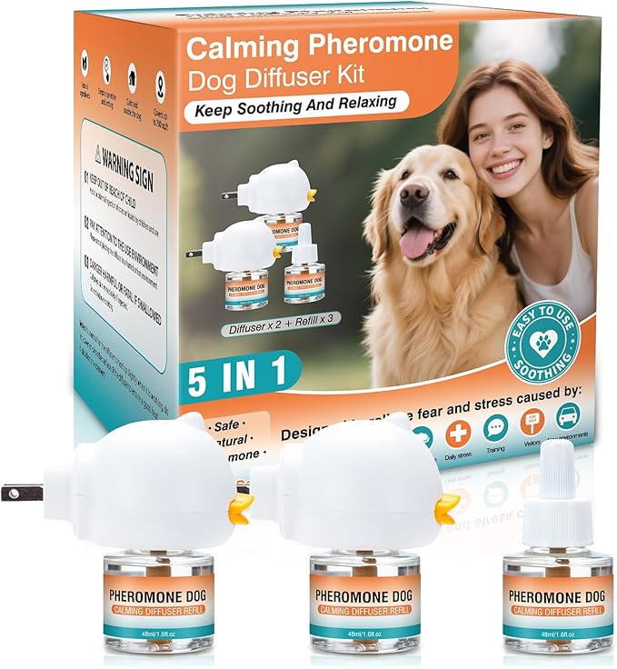 Dog Calming Pheromones Diffuser to Calm Pet 5 in 1 Advanced Kit Appeasing Pheromone Diffuser for Anxiety Relief (2 Plug in+3 Pack 48ml Refill) Reduce Aggression Fighting Barking Stress