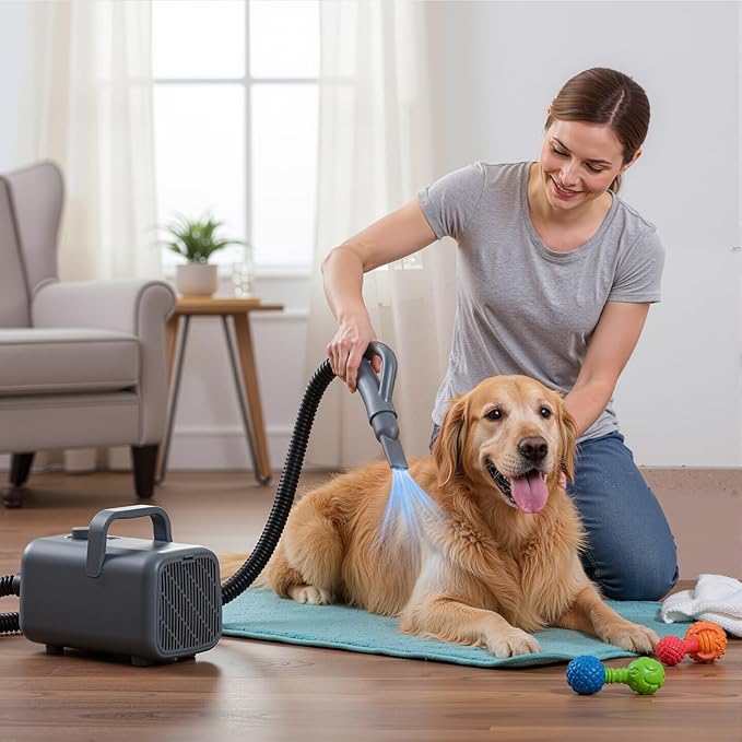 Dog Hair Dryer, Grooming Heat 1550W High Velocity Pet Blow Dryer, Speed Temperature Adjustable Dog Blower Grooming Dryer with 4 Nozzles