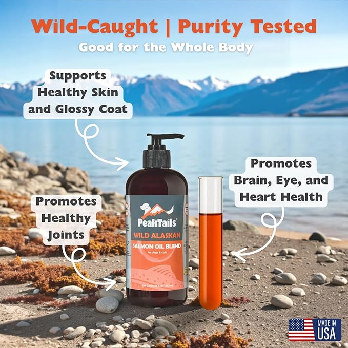 PeakTails Wild Alaskan Omega-3 Blend – Pollock + Salmon Oil for Dogs – Natural Fish Oil with Omega 3 & 6 – Skin & Coat Support – Made in USA – 2 oz Trial Size