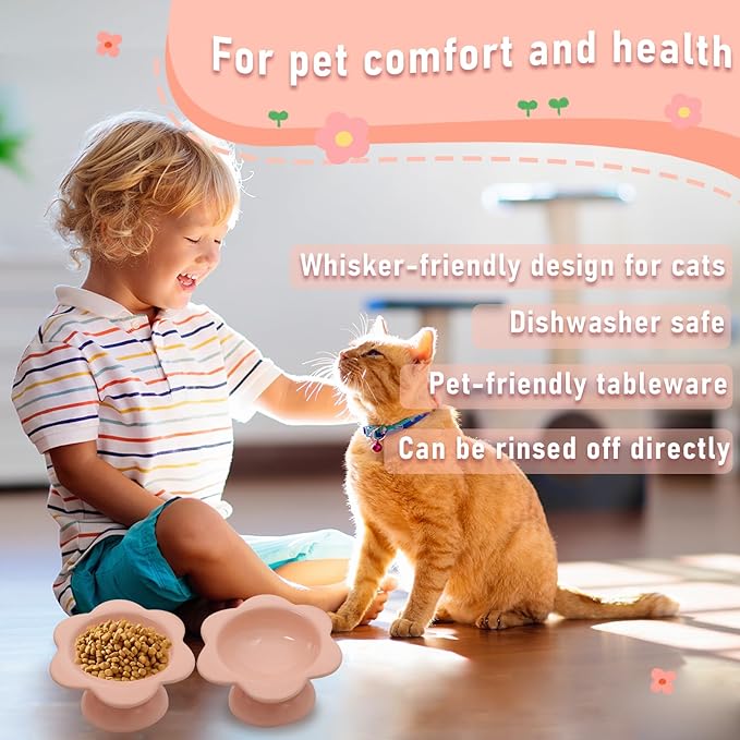 2 Pcs Ceramic Raised Cat Bowls Flower 7 oz Tilted Elevated Cat Food Bowl Cat Dishes for Anti Vomiting Protecting Spine Pet Feeder Water Bowl for Cat Kitten (Pink)