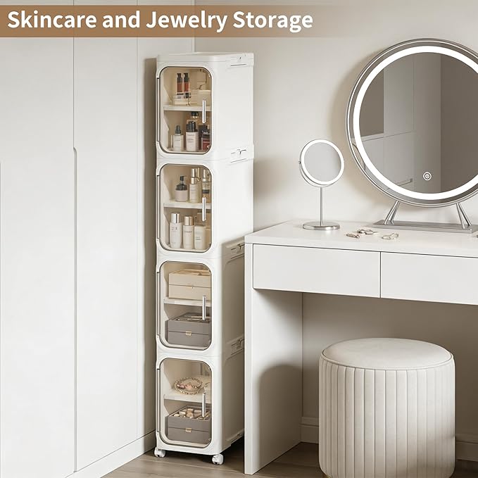 Narrow Storage Cabinet Slim Bathroom Storage Cabinet with Movable Wheels Tall Bathroom Organizer Skinny Cabinet for Small Spaces,2-Tier Beige