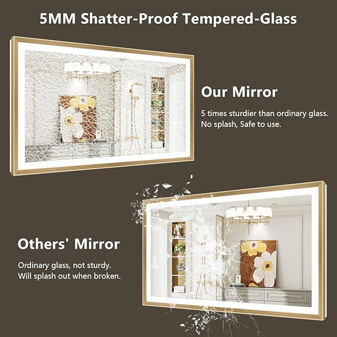 55x40 Gold Framed LED Bathroom Mirror with Lights, Backlit and Front Light, Lighted Bathroom Vanity Mirror for Wall Dimmable Anti-Fog Memory Tempered Glass Horizontal/Vertical