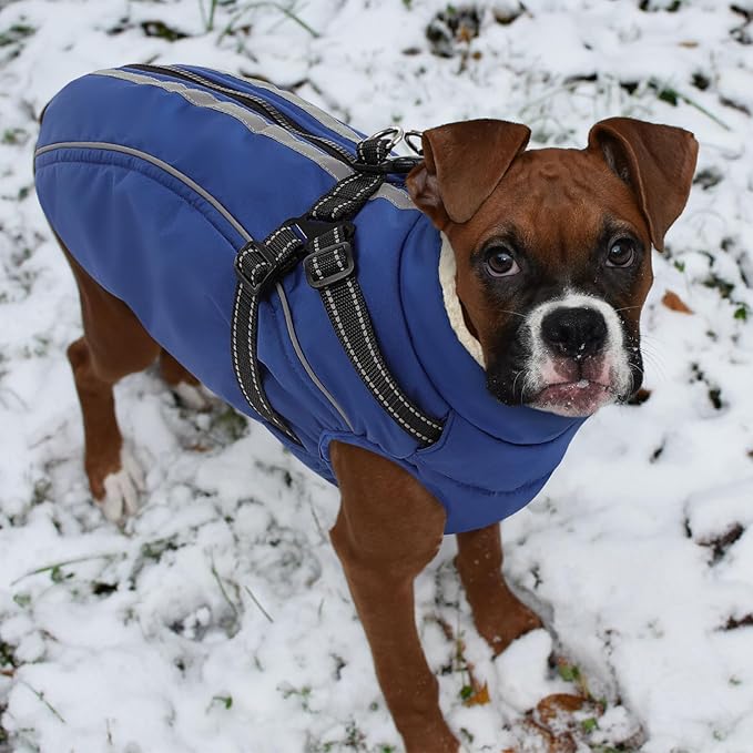 Dog Winter Coat with Harness Built in Warm Puffer Dog Jackets for Small Medium Large Dogs Windproof Waterproof Outfit with Plush Lining and Reflective Stripes (Blue, 3XL)