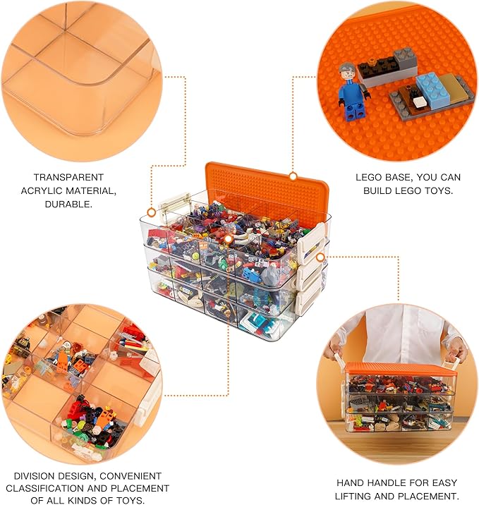 WANLIAN Storage Containers with Building Plate Lid, Acrylic Stack-able Organizer Bin Chest, Brick Toy Storage Organizer with handle, Bin Storage, Storage (Does not include Bricks)