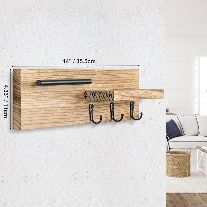 Key Holder for Wall, Decorative Entryway Shelf with Hooks Holds Keys, Dog Leash, Sunglasses – Key Hanger with 3 Hooks Organizes, Enhances Home Decor (15” x 4.5” x 2.6”) (Wood)