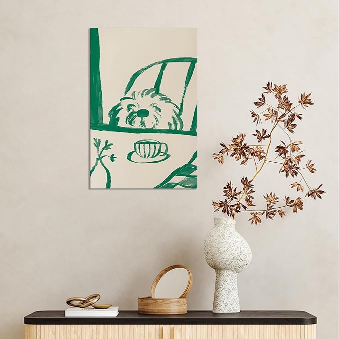 Funny Sneaky Dog Poster Abstract Coffee Breakfast Canvas Wall Art Modern Minimalist Animal Sketch Artwork Prints Painting For Living Room Kitchen Dining Room Wall Decor 16x24in Wrapped Canvas