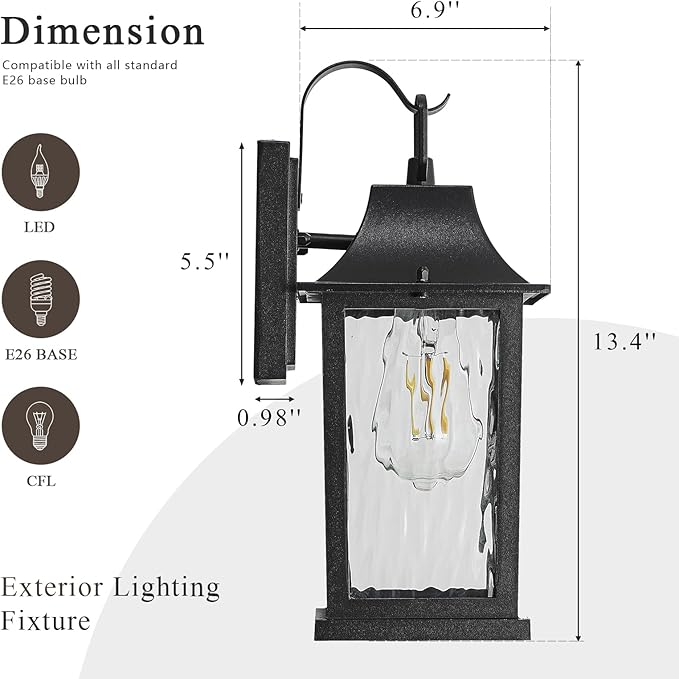 Outdoor Wall Light, 13" Sconce with Water Pattern Glass, Waterproof & Rustproof Exterior Lighting ,Weatherproof Front Porch Lights,for House Garage Doorway Patio (1 Pack, Black)