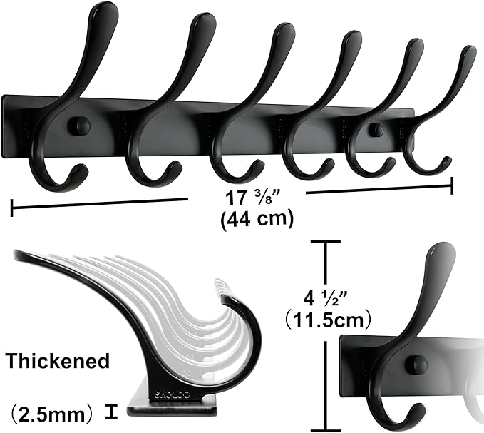 SKOLOO Heavy Duty Wall Mounted Coat Rack - 6 Hooks, Stainless Steel, Pack of 2, Sturdy Coat Hooks for Hanging Clothes, Jacket, Hat, Black
