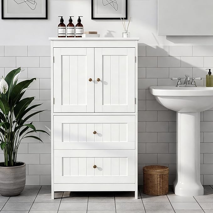 Karl home White Floor Storage Cabinet, Freestanding Storage Unit with 2 Drawers & 2 Doors, Thin Toilet Organizer for Small Spaces,for Entryway, Bathroom