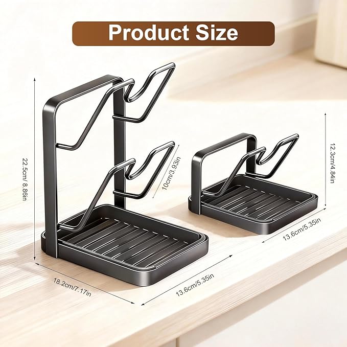 Pot Lid Holder,304 Stainless Steel Pot Lid Holder While Cooking,Kitchen Pot Lid Storage Rack, Removable Drip Tray, Multifunctional Kitchen Organizer Stand for Countertop (Gray, Single-layer)
