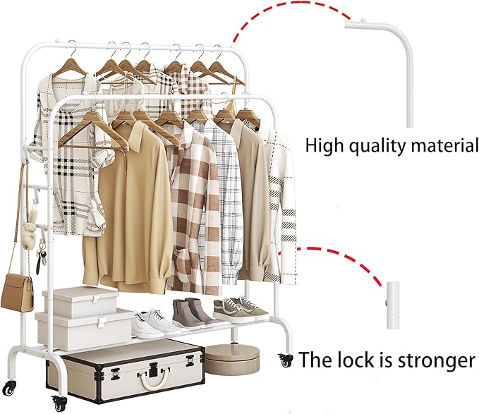 SUOERNUO Garment Rack with Wheels Clothing Rack for Hanging Clothes Multi-functional Bedroom Clothes Rack,White+Double Rods