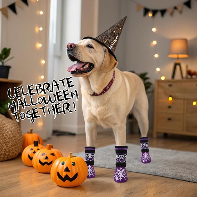 EXPAWLORER Halloween Anti Slip Dog Socks to Prevent Licking Paws, Boots & Paw Protectors with Spider Web Grippers,Doggie Booties for Hardwood Floors for Small Medium Large Senior Dogs Purple Ghost S