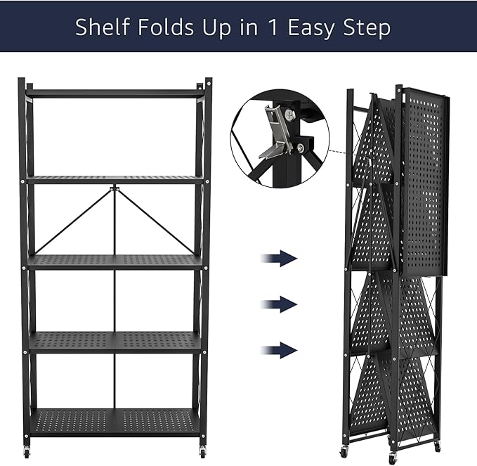 5-Tier Foldable Storage Shelf with Wheels | Metal Rack Collapsible Shelving Display | Rolling Cart for Books Kitchen Storage Shelves | Pantry & Closet Organizer | Office Room Decor