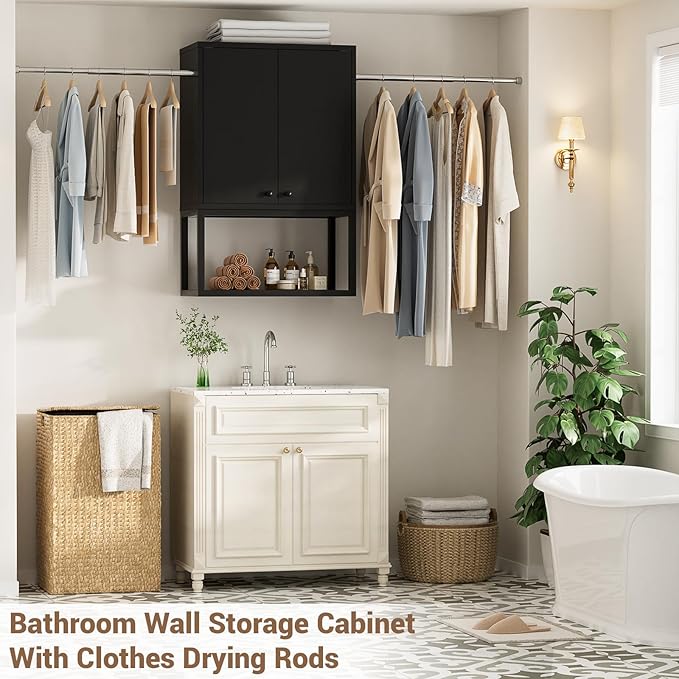 Homieasy Wall Cabinet with 2 Hanging Rods, 67'' Wide Laundry Wall Cabinet with 2 Doors, Open Rack & Adjustable Inner Shelf, Storage Cabinet Wall Mounted for Laundry & Bathroom, Black