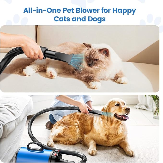 Dog Dryer, 5.2HP/3800W High Velocity Dog Hair Dryer with 4 Nozzles, Stepless Adjustable Speed & Temperature Control, Low Noise Professional Grooming Dryer (Blue)