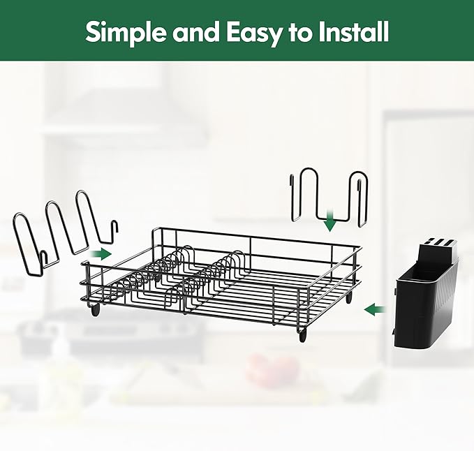 JASIWAY Black Stainless Steel Dish Drainers Drying Rack for Kitchen Counter with Drainboard, Rust Proof Metal, Space Saving, Modern Aesthetic, Compact Plates Strainers with Extra Mat