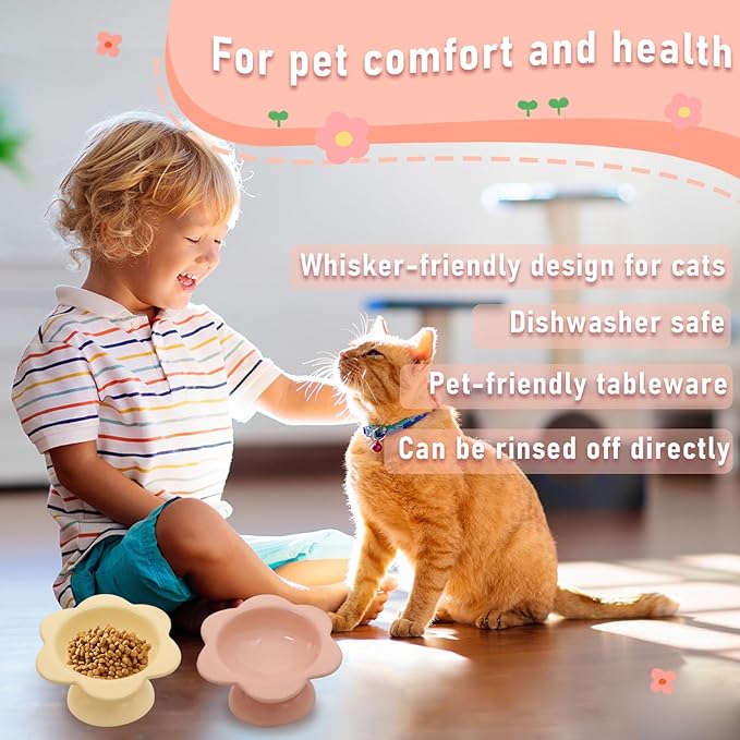 2 Pcs Ceramic Raised Cat Bowls Flower 7 oz Tilted Elevated Cat Food Bowl Cat Dishes for Anti Vomiting Protecting Spine Pet Feeder Water Bowl for Cat Kitten