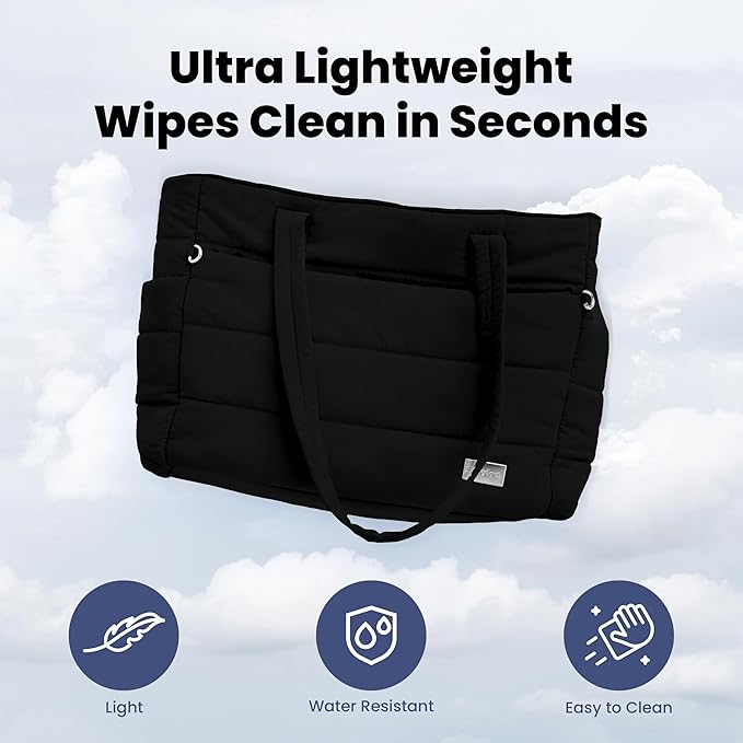 Puffer Dog Travel Bag for Dog Moms – Doggy Diaper Bag with Pet Bowls & Food Storage or Everyday Puffy Tote – Christmas Doggy Mom Gifts for Women – Lightweight, Travel-Ready Gift for Pet Lovers - Black