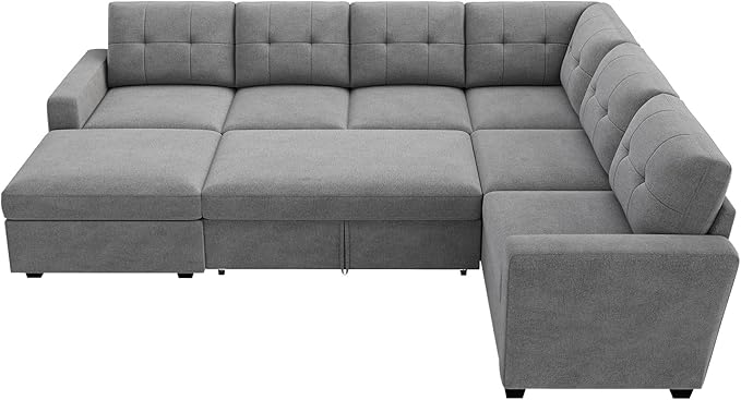 HONBAY 106.2 Inch U-Shaped Sectional Sleeper Sofa with Pull-Out Bed & Storage Ottoman, 7-Seater Sectional Sofa for Living Room, Pet-Resistant Fabric Couch, Grey
