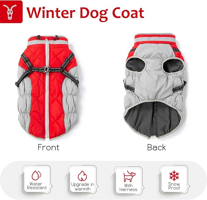 Dog Winter Coat with Harness, Dog Jacket, Pet Clothes with Zipper on Back, Waterproof Windproof Warm Vest, Reflective Cold Weather Coats, for Small Medium Large Dogs, Thick, Red, S