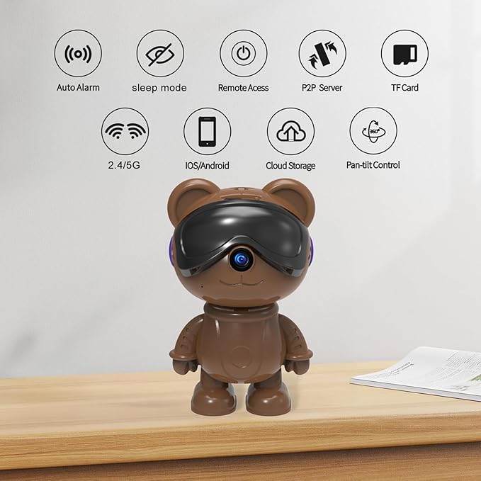 dzcctvipc-Cute Bear-2K Wireless-Smart Robot-Home Security - Camera,Nanny & Pet Motion Monitor,Baby Cry Detection Alarm,Privacy Mode,5G Dual-Band,PanTilt,Full HD Night Vision,24/7 Recording,2-Way Audio