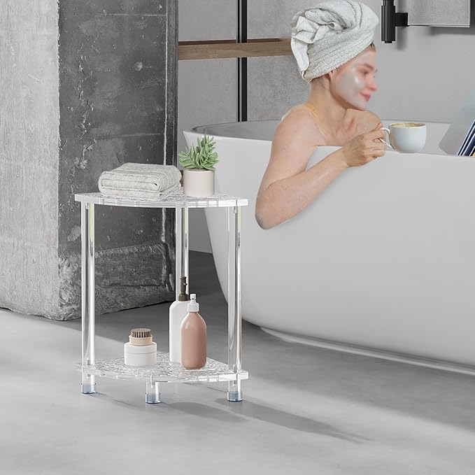 Sumerflos Acrylic Corner Shower Stool for Inside Shower, Clear Small Shower Bench for Shaving Legs Seating Waterproof Heavy Duty Assemble Modern (Textured, 11.81" D x 11.81" W x 18.11" H)