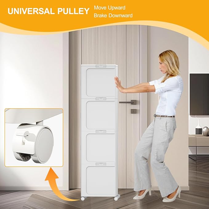 Slim Tall Bathroom Cabinet, Plastic Tall Narrow Cabinet with Doors and Shelves, Floorstanding Skinny Cabinets with Wheels, 4 Tier Corner Bathroom Organizer for Small Space