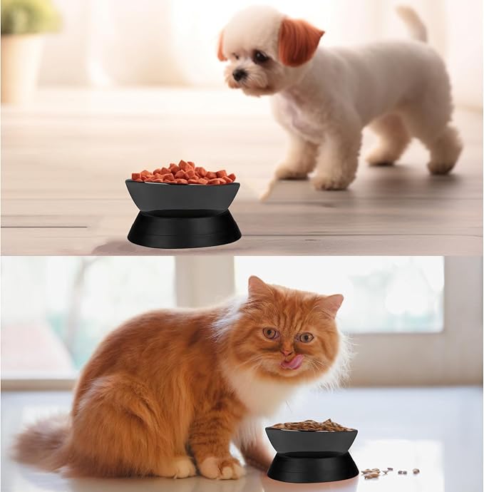French Bulldog Food Bowl- Slanted Tilted Pug Food Water Bowl,Cat Bowl- Feeder for Frenchie/Shih Tzu/Flat Faced Small Dogs/Puppies/Cats (Black(Ceramic), 2 Cup)
