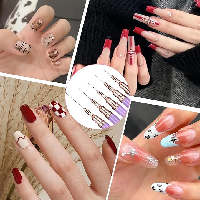 5PCS Nail Liner Brushes, Metallic Nail Art Brushes Set, Superfine Liner Brush Kit for Gel Polish, Detail Painting and Drawing, Professional Nails Salon Tools