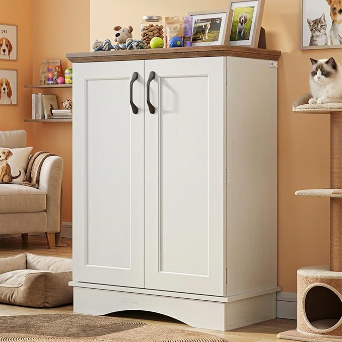 Pet Food Storage Cabinet with Bowls, Dog Food Feeding Station with Storage, Dog Food Cabinet with Adjustable Shelves, Hooks, Letter Stickers, Pet Organizer and Storage for Cat/Dog, White&Oak