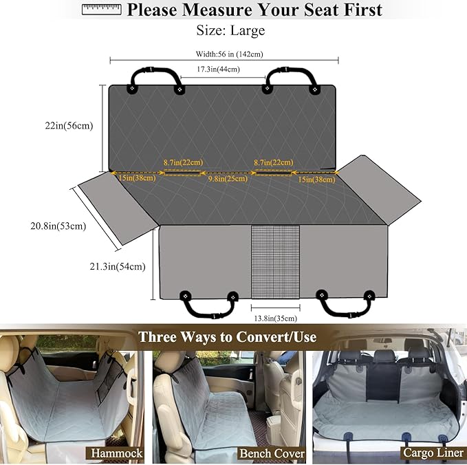 VIVAGLORY Dog Seat Cover Easyhammock Dog Hammock, Seat Cover for Car SUV & Truck, Back Backseat Split Hair Resistant Protector for Pet, Large, Grey
