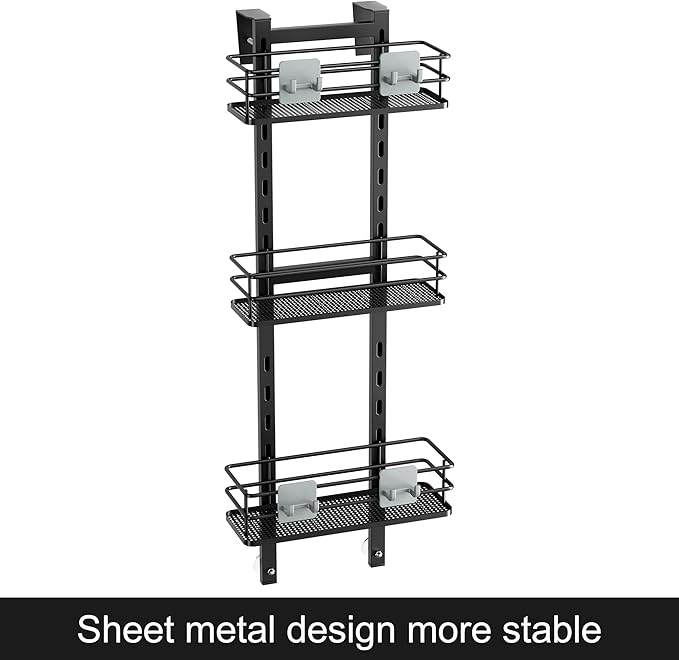Orimade Adjustable Hanging Over the Shower Door Caddy with Hooks, Bathroom Organizer Shelf Storage Rack,No Drilling Rustproof Basket for Inside Shower, Matt Black 3 Tier