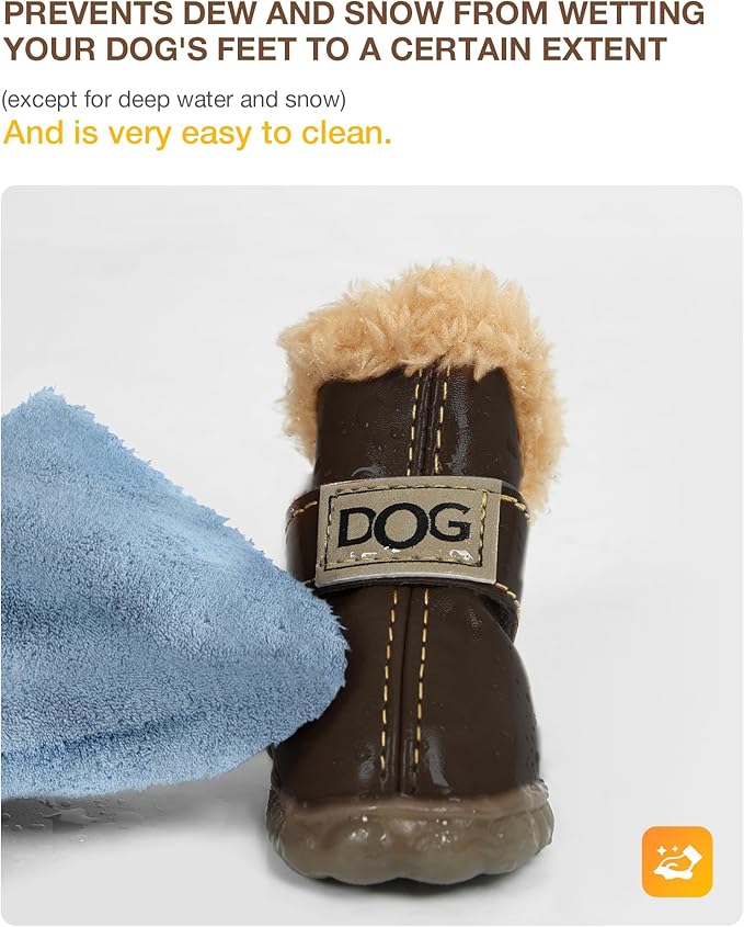 Winter Dog Boots & Paw Protectors: Outdoor Anti-Slip Dog Snow Shoes, Dog Booties Provide Warmth to Dogs Paws from Ice and Snow, Rubber Sole PU Leather Faux Fleece-Lined, Dark Brown Dog Shoes Size 3