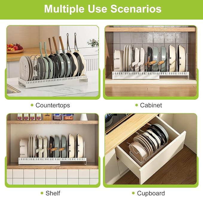 Pots and Pans Organizer Under Cabinet with Drain Board, Expandable Pot Lid Organizer inside Cabinet Holder with 10 Adjustable Compartment, Rack for Cutting Board, Sheet Pan, Cookware, White
