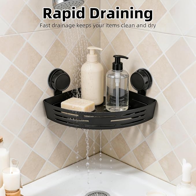 2026 New Corner Shower Shelf Suction Cup Shower Caddy, No Drilling Bathroom Storage Rack, Corners Organizer Storage Rack Adhesive with Towel Bar (Black three-layer)