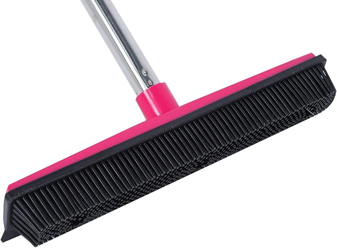 Carpet Hair Removal Broom with 48'' Telescoping Adjustable Handle, Rubber Broom Carpet Rake for Pet Hair Dust Removal Daily Household Cleaning(Pink)