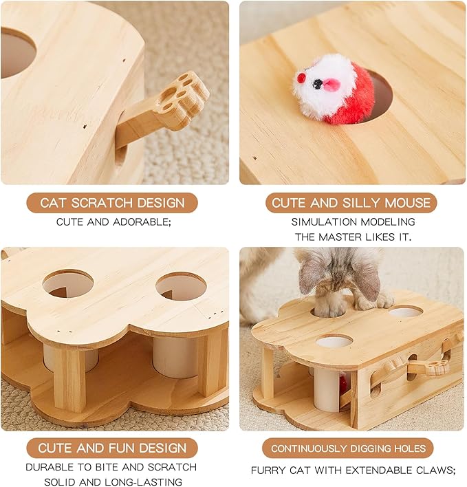 Wooden Whack-a-mole Interactive Cat Toy for Indoor Cats Interactive Pet Toy Box Cat Puzzle Toy for All Ages Cats for Indoor Play Exercise (3 Holes)