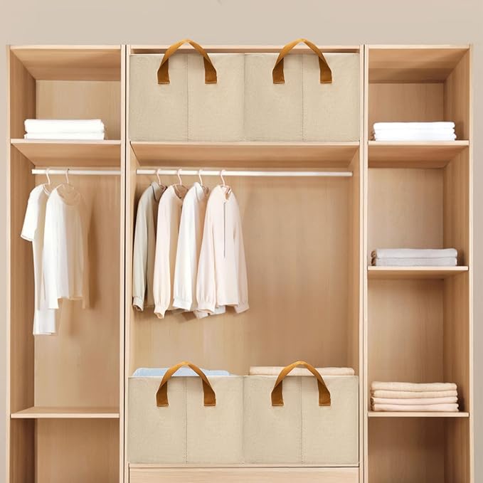 SNWDN 4 Pack Closet Cloth Storage Bins for Shelves, Medium Storage Baskets for Shelves, Fabric Bins for Closet organization with Handles( Beige 15''L x 10''W x 8''H)