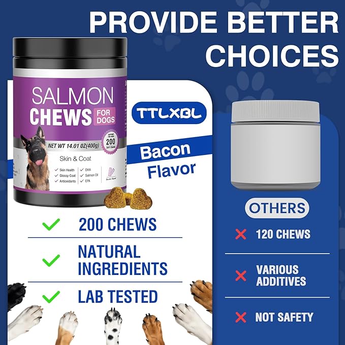 Omega 3 Skin and Coat Supplement for Dogs 200 Chews Dog Fish Oil Supplements with EPA & DHA Fatty Acids Dry Skin Relief for Dogs Shedding Allergy Itching Promotes Heart Hip Joint Health Bacon Flavor