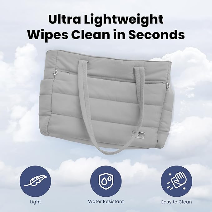 Puffer Dog Travel Bag for Dog Moms – Doggy Diaper Bag with Pet Bowls & Food Storage or Everyday Puffy Tote – Christmas Doggy Mom Gifts for Women – Lightweight, Travel-Ready Gift for Pet Lovers - Grey