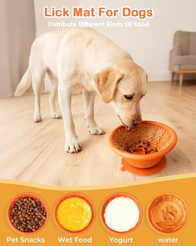 Dog Slow Feeder Lick Bowl to Prevent Fast Eating, Steel Reinforced Rim, Non-Slip Suction Base, BPA-Free Silicone, Dishwasher & Freezer Safe, Helps Extend Mealtime & Keep Dogs Calm(Orange)