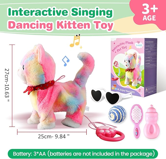 Colorful Leash Walking Cat for Girls Set Toy Interactive Talking Singing Cat Kids Remote Control Walking Kitten Dancing Kitten Mimicking Robotic Kitty That Meow and Purrs Robot for Toddlers Baby