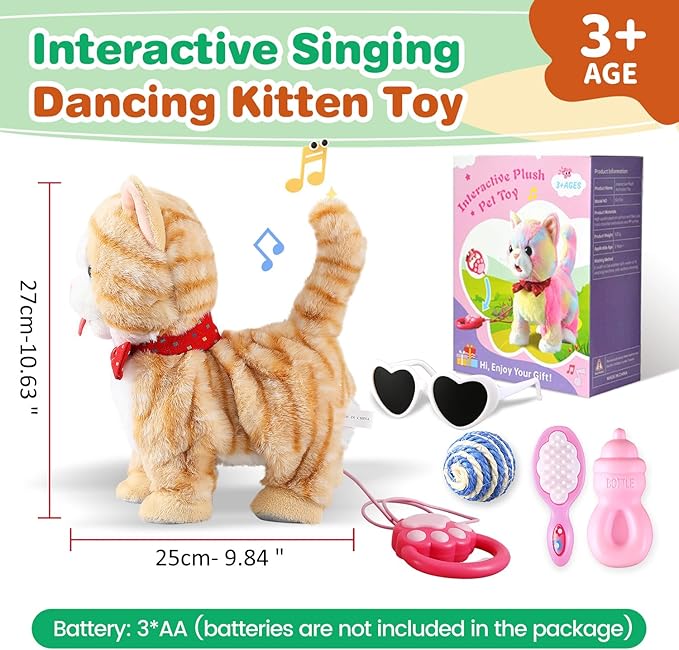 Yellow Walking Cat for Girls Set Toy Talking Singing Animated Robot Kitty Interactive Plush for Cat for Kids Kitten Robotic Plush That Meow and Purrs Electric Robot for Toddlers Baby