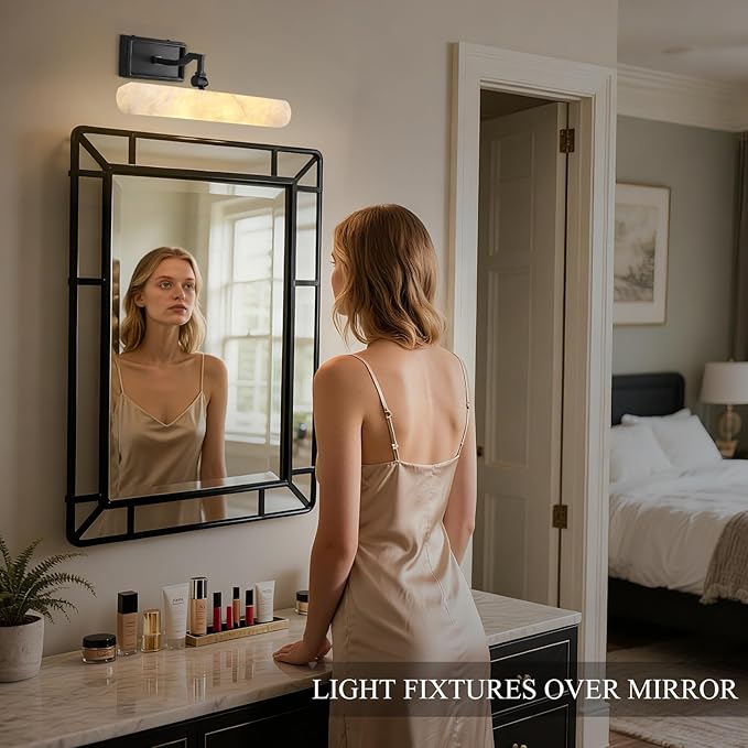 Alabaster Picture Light Hardwired, Modern Spanish Marble Bathroom Lights over Mirror, 12in Black Vanity Lights for Wall, Dimmable Gallery Light, Picture Frame Light for Painting, Artwork, Bookcase