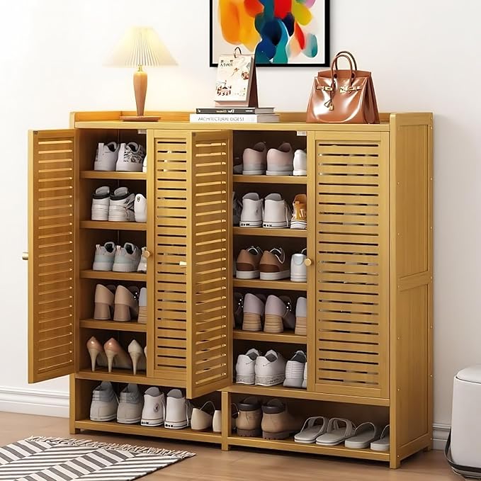 Bamboo Shoe Cabinet, 36-40 Pairs 8 Tier Shoe Rack with Doors, Freestangding Shoe Cabinet Organizer with Shelves, 43" Tall Shoe Rack Organizer for Entryway, Closet, Hallway